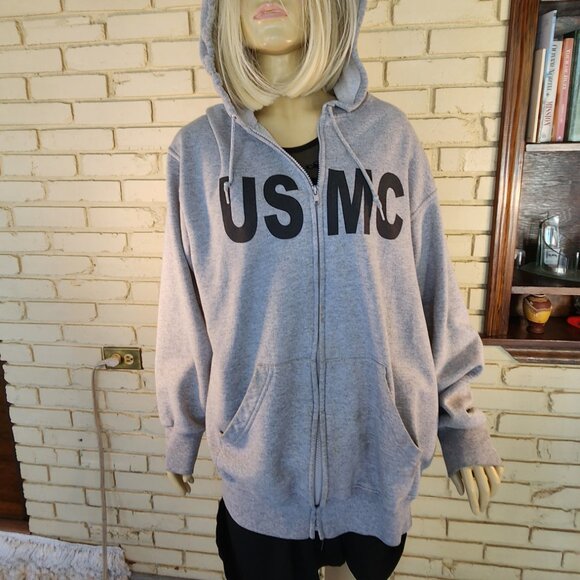 Mens Hoodie USMC Gray By Fruit of the Loom Xl - Picture 2 of 5